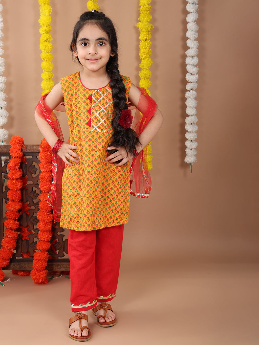 Yellow sleeveless cotton  kurti with Red Plazo pant and dupatta