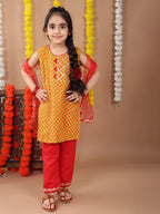 Yellow sleeveless cotton  kurti with Red Plazo pant and dupatta