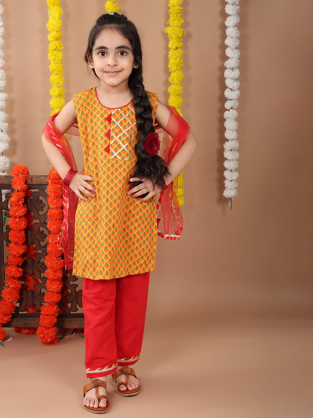 Yellow sleeveless cotton  kurti with Red Plazo pant and dupatta