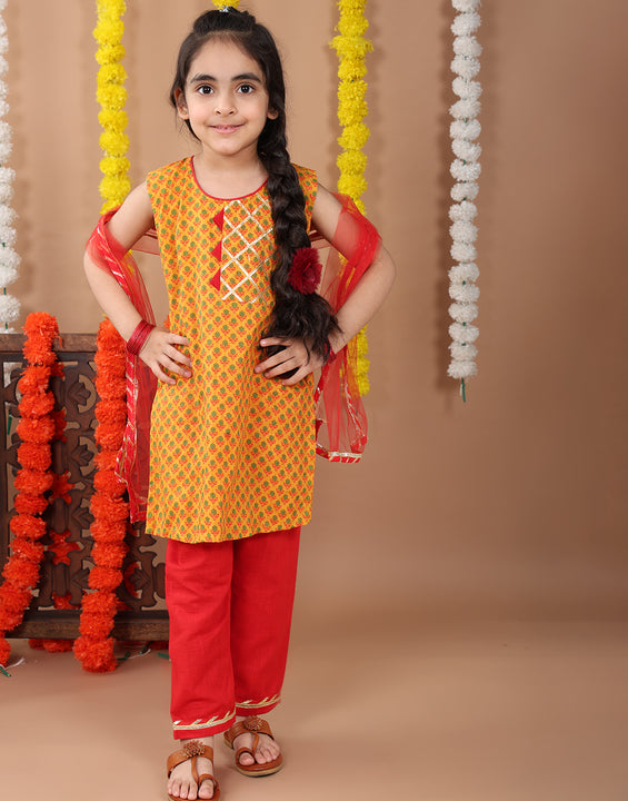 Yellow sleeveless cotton  kurti with Red Plazo pant and dupatta