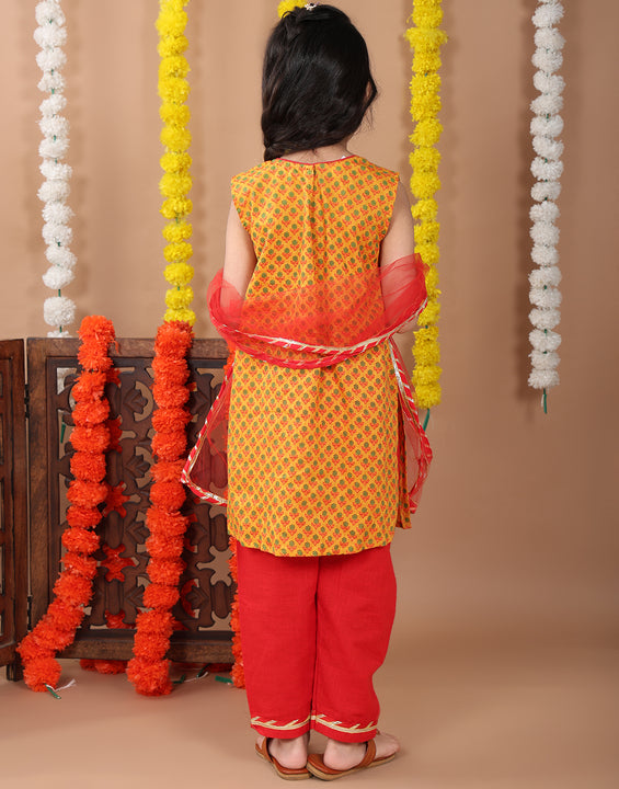 Yellow sleeveless cotton  kurti with Red Plazo pant and dupatta