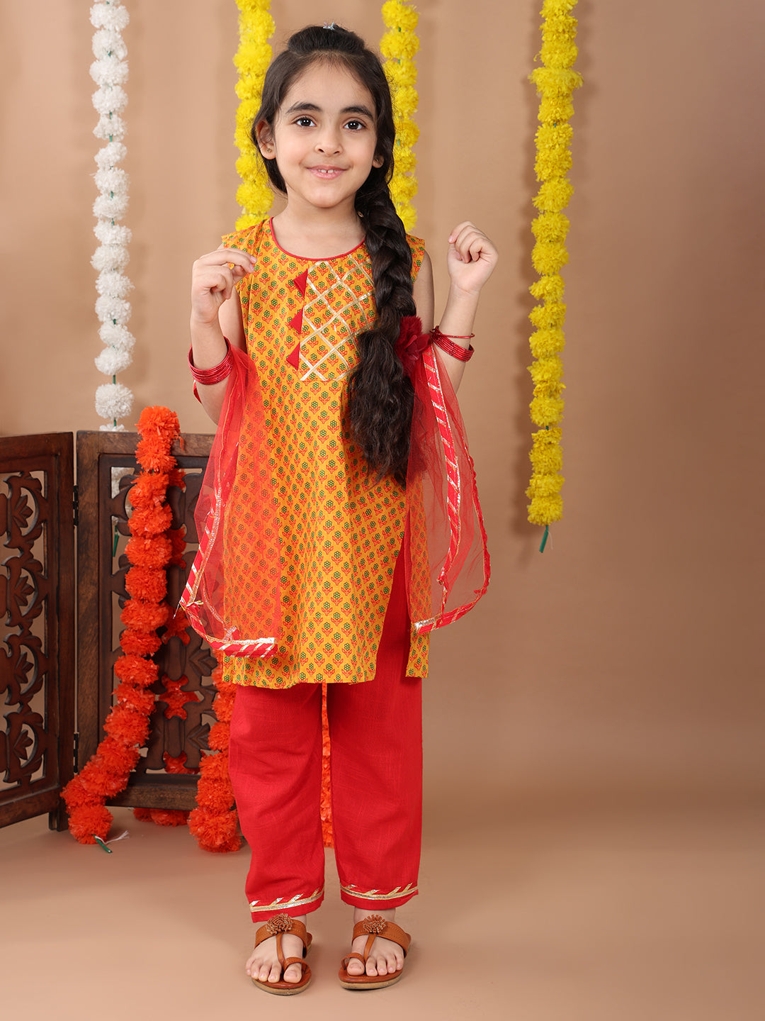 Yellow sleeveless cotton  kurti with Red Plazo pant and dupatta