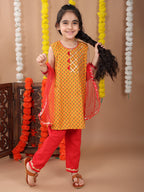 Yellow sleeveless cotton  kurti with Red Plazo pant and dupatta