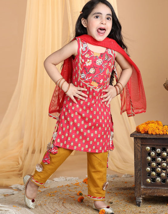 Red & Yellow Cotton Kurti Set