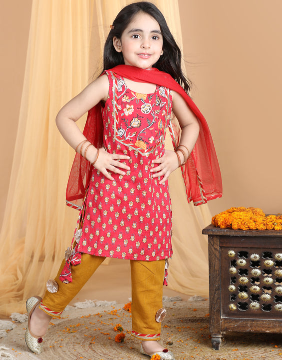 Red & Yellow Cotton Kurti Set