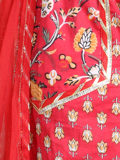 Red Floral Printed Kurti pant and dupatta