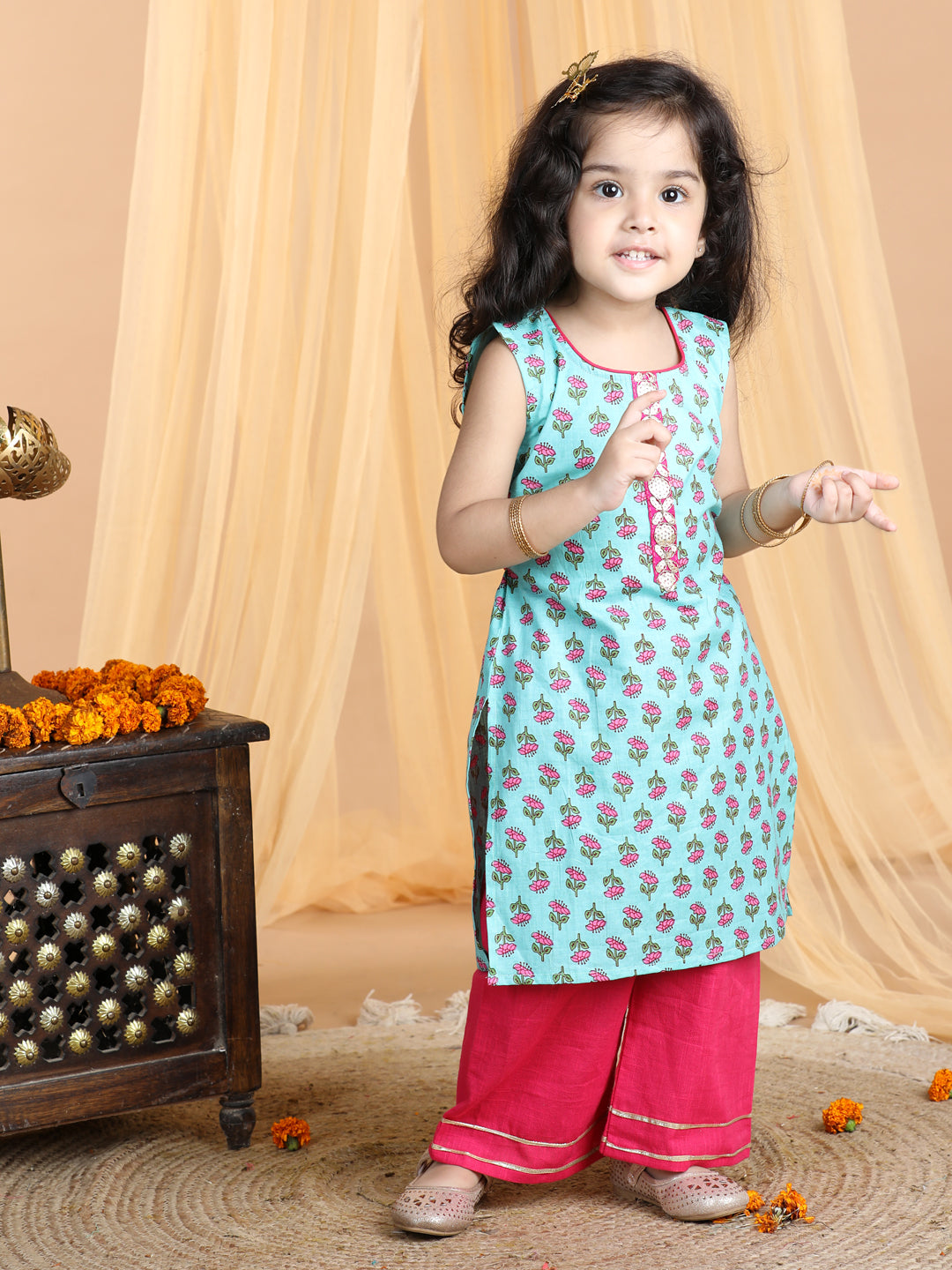 Blue & Pink Cotton Kurti Set