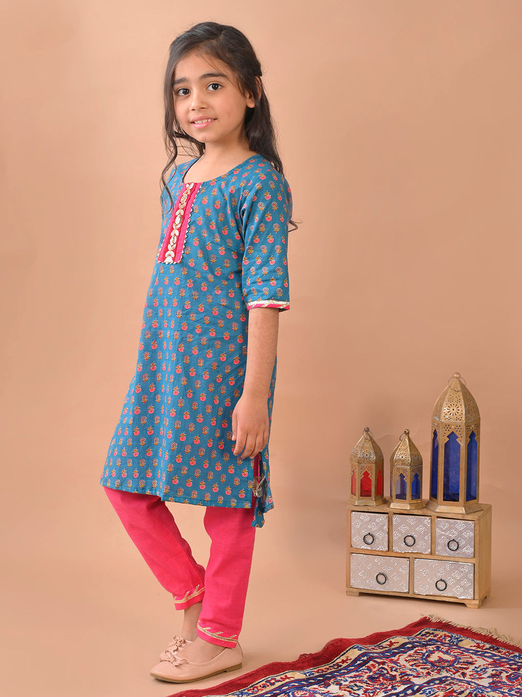 Blue kurti with Lace paired with Pink Plazo pant