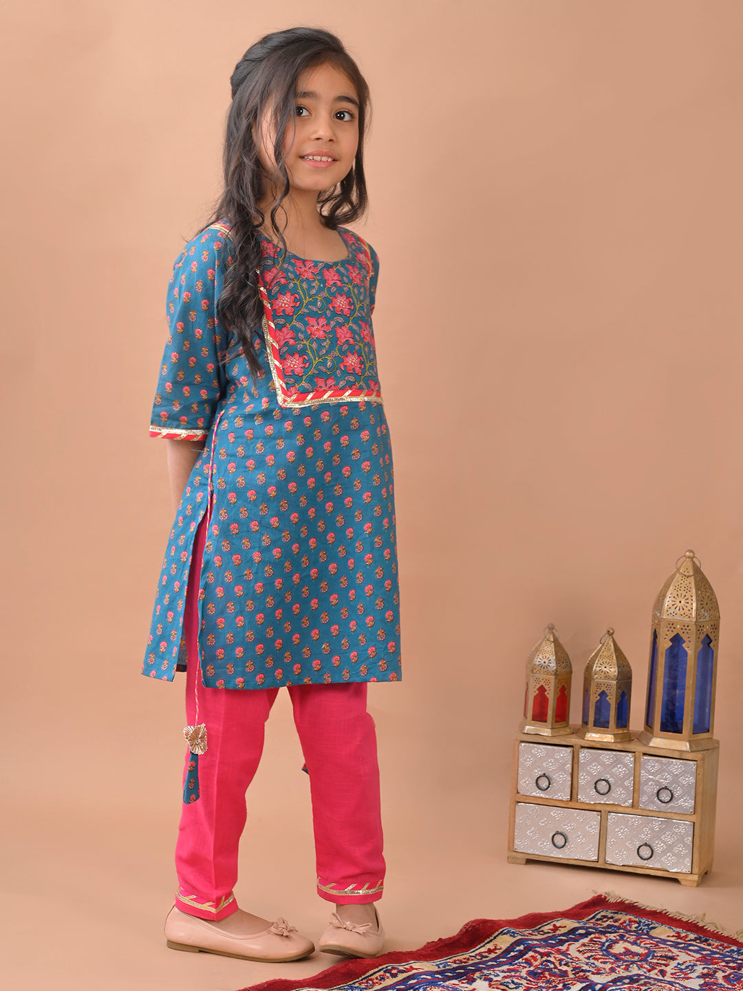 Blue kurti  paired with Pink Plazo pant