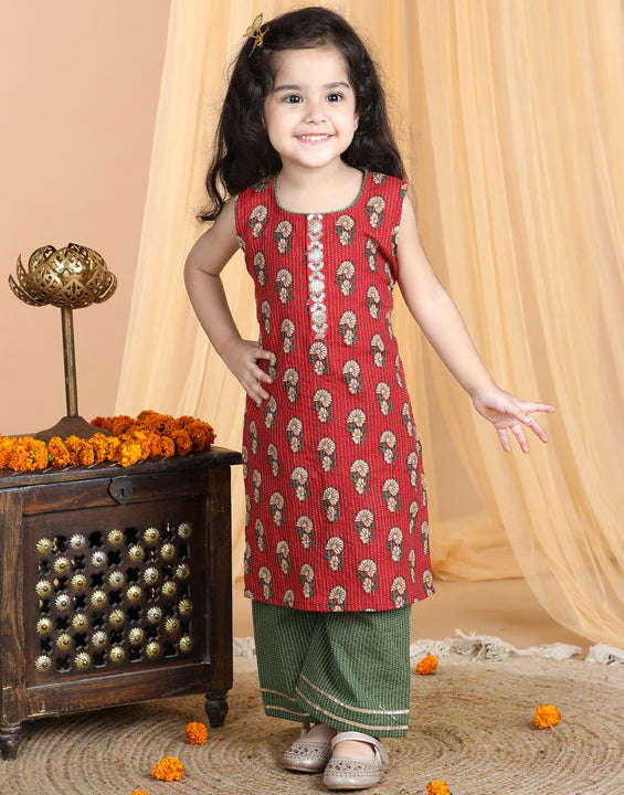 Red & Green Cotton Kurti Set