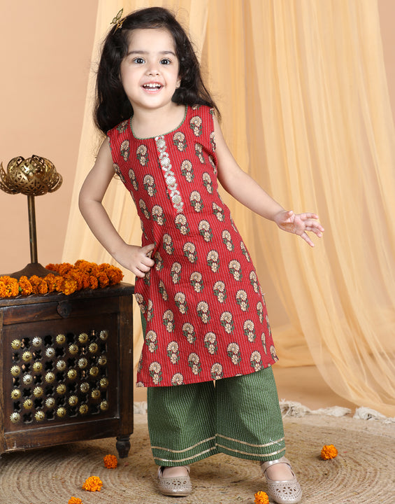 Red & Green Cotton Kurti Set