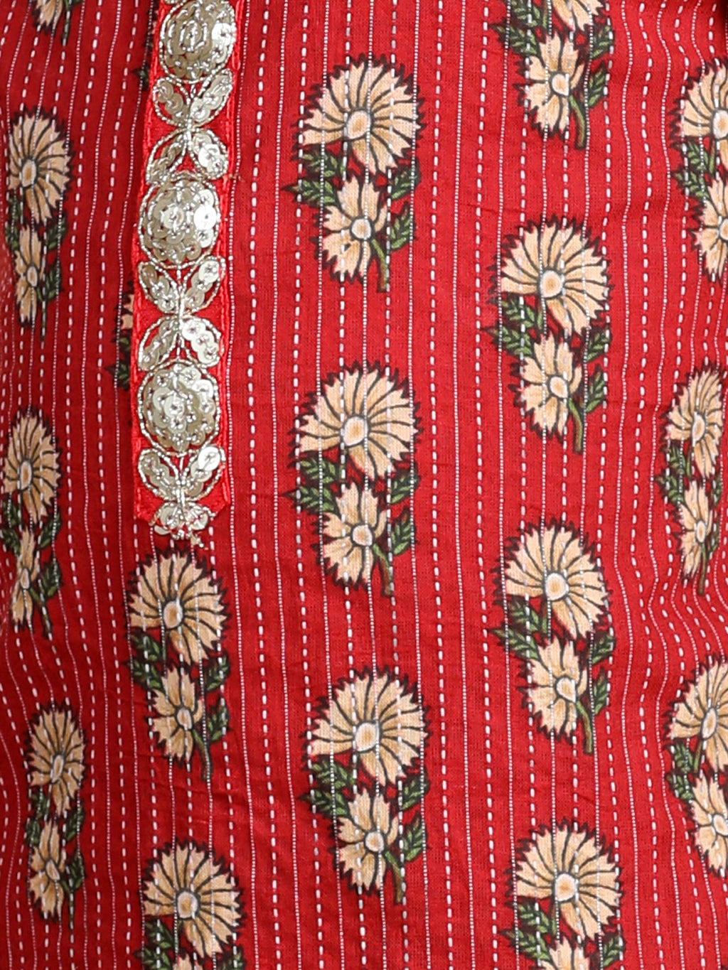 Red & Green Cotton Kurti Set