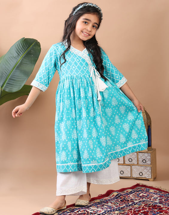 Blue Angrakha Kurti  paired with white Plazo pant