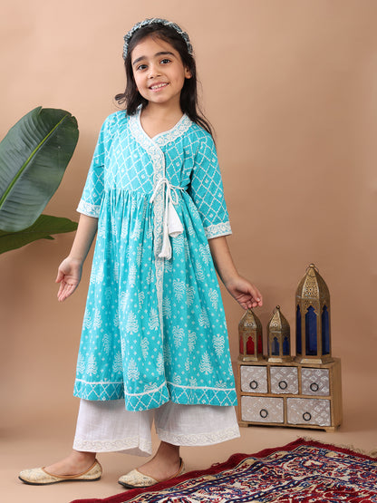 Blue Angrakha Kurti  paired with white Plazo pant