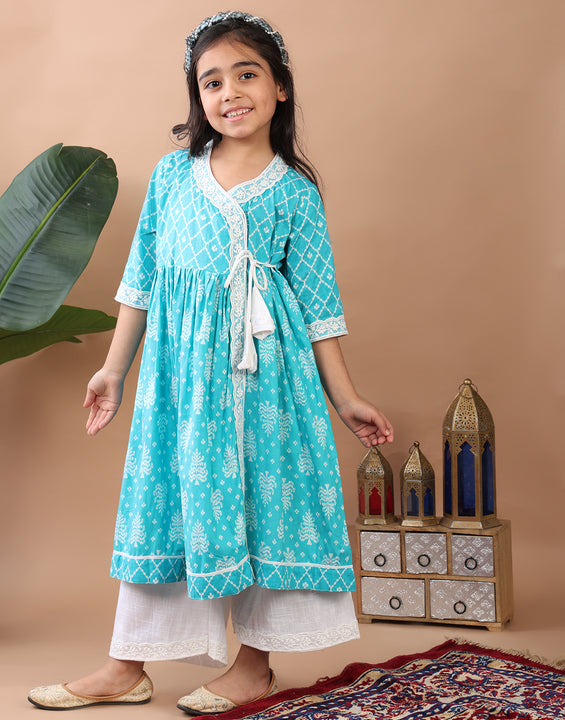 Blue Angrakha Kurti  paired with white Plazo pant