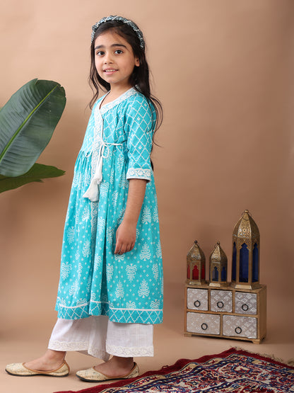 Blue Angrakha Kurti  paired with white Plazo pant