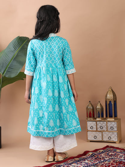 Blue Angrakha Kurti  paired with white Plazo pant