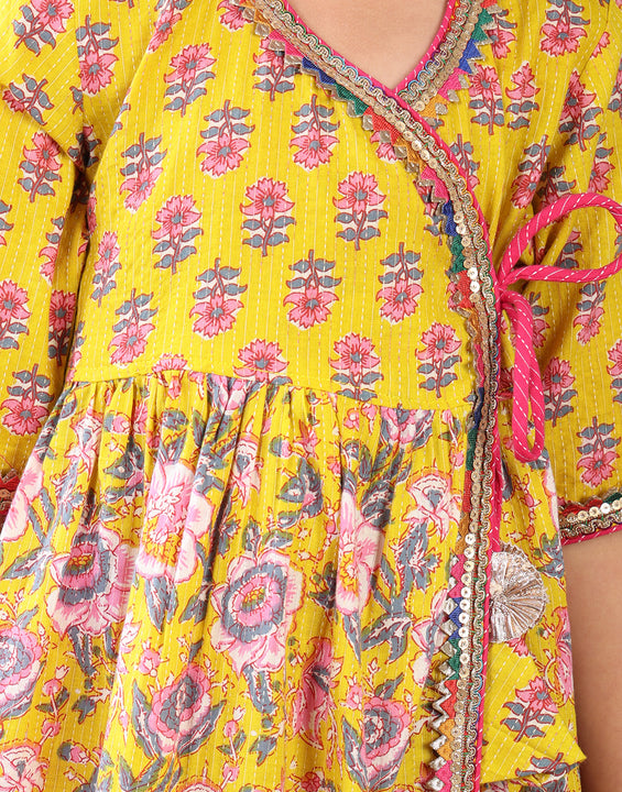 Yellow 3/4 sleeves printed cotton Angrakha Kurti  paired with Pink Plazo pant and dupatta