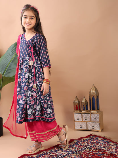 Blue 3/4 sleeves printed cotton Angrakha Kurti  paired with Pink Plazo pant and dupatta