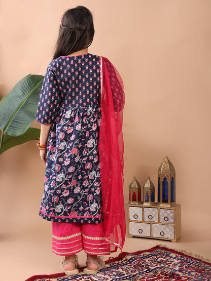 Blue 3/4 sleeves printed cotton Angrakha Kurti  paired with Pink Plazo pant and dupatta