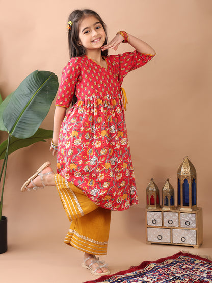 Red 3/4 sleeves printed cotton Angrakha Kurti  paired with Yellow Plazo pant