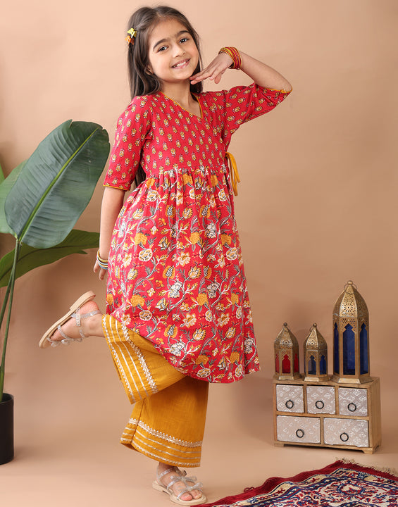 Red 3/4 sleeves printed cotton Angrakha Kurti  paired with Yellow Plazo pant