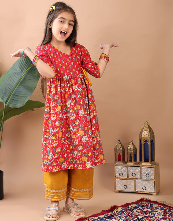 Red 3/4 sleeves printed cotton Angrakha Kurti  paired with Yellow Plazo pant