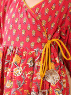Red 3/4 sleeves printed cotton Angrakha Kurti  paired with Yellow Plazo pant