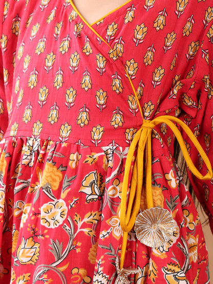 Red 3/4 sleeves printed cotton Angrakha Kurti  paired with Yellow Plazo pant