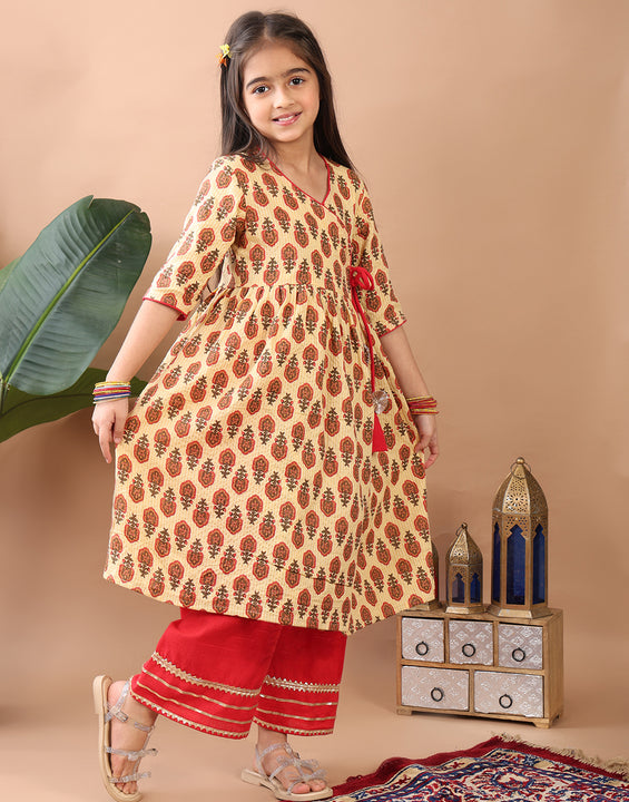 Red 3/4 sleeves printed cotton Angrakha Kurti  paired with Red Plazo pant