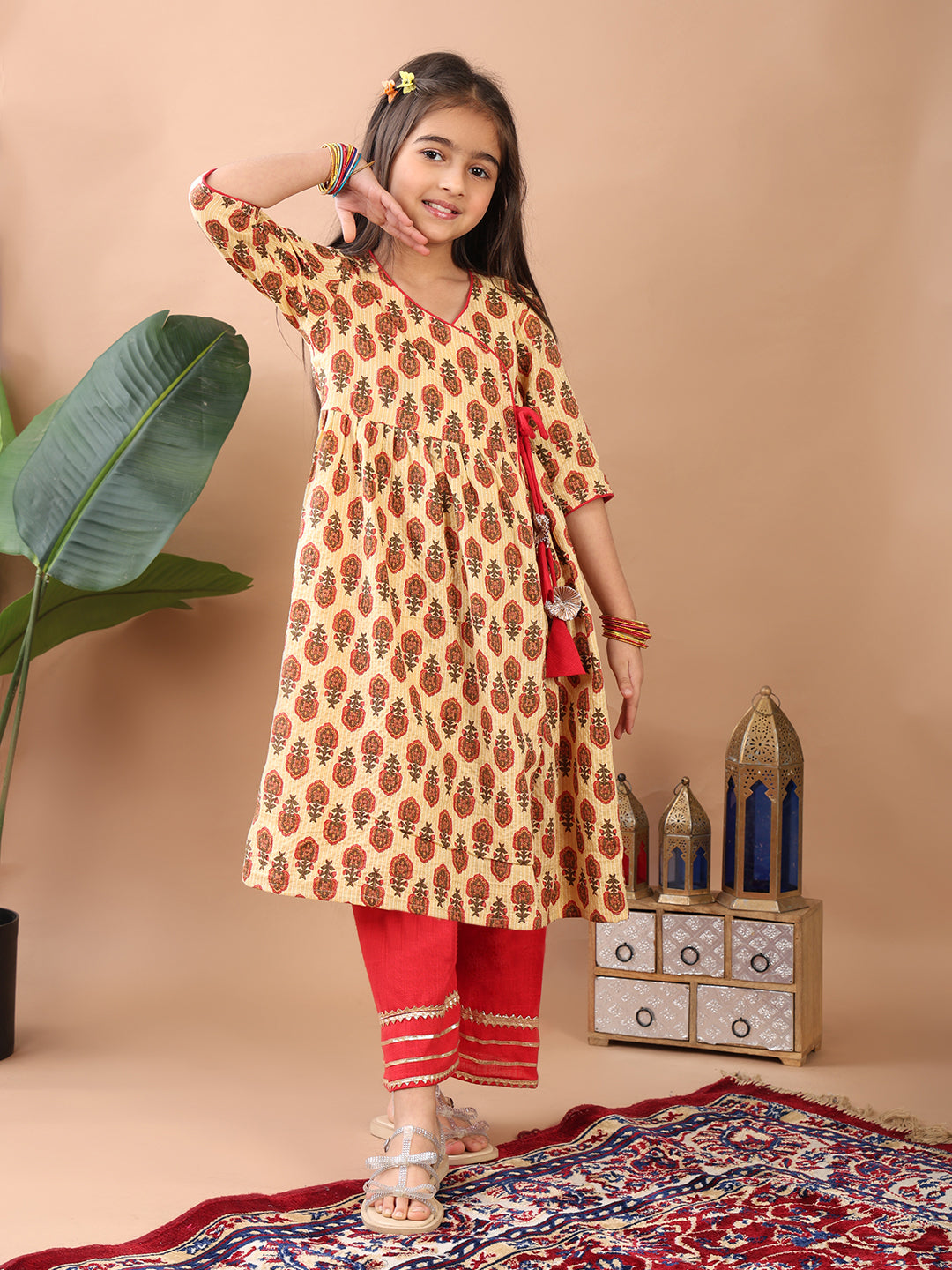 Red 3/4 sleeves printed cotton Angrakha Kurti  paired with Red Plazo pant