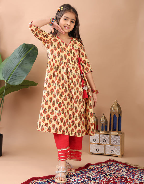 Red 3/4 sleeves printed cotton Angrakha Kurti  paired with Red Plazo pant