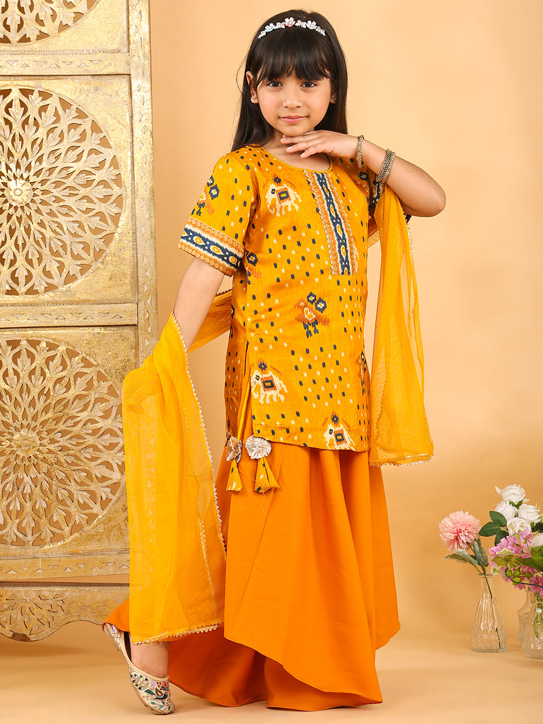 Yellow Patola printed 3/4 Skeeves kurti with flair pant and dupatta