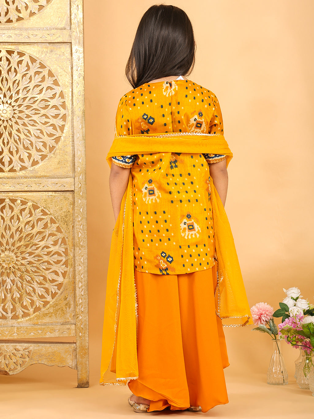 Yellow Patola printed 3/4 Skeeves kurti with flair pant and dupatta