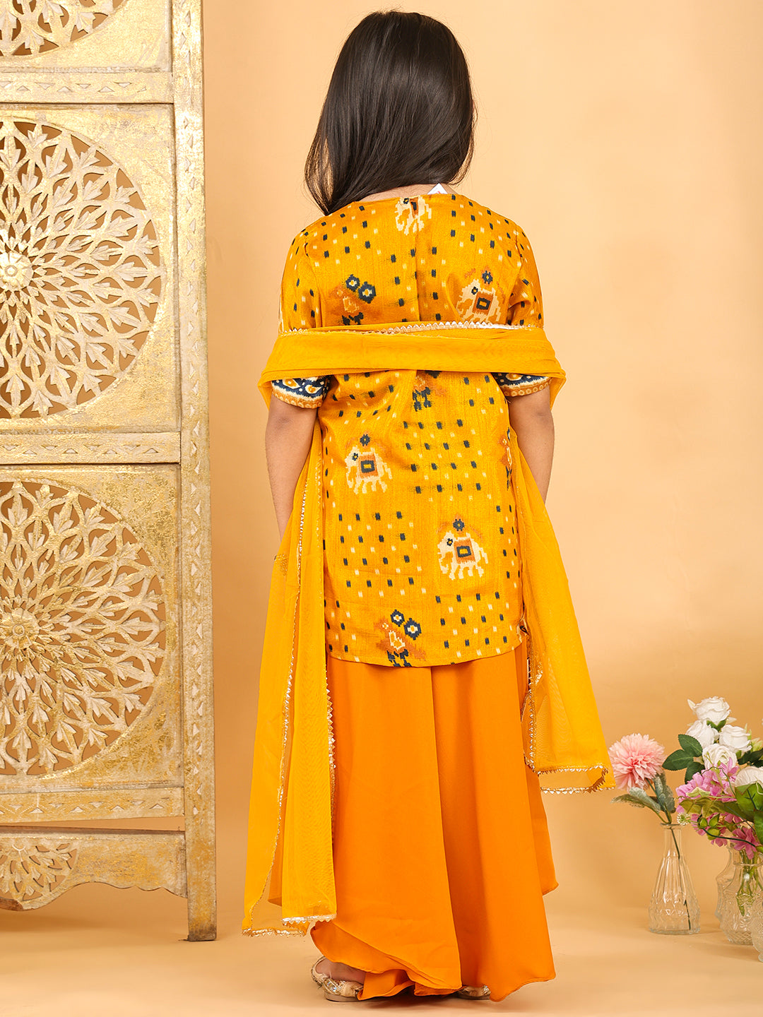 Yellow Patola printed 3/4 Skeeves kurti with flair pant and dupatta