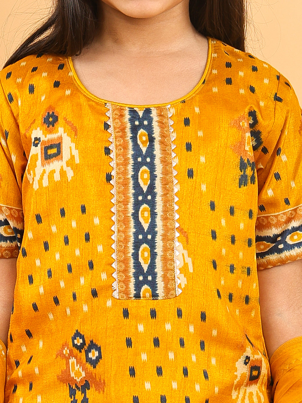 Yellow Patola printed 3/4 Skeeves kurti with flair pant and dupatta