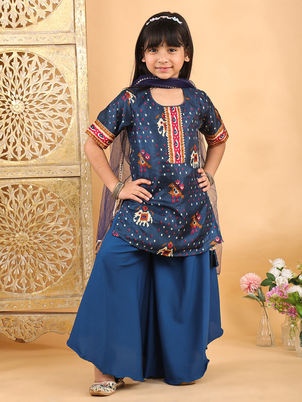 Blue Patola printed 3/4 Skeeves kurti with flair pant and dupatta
