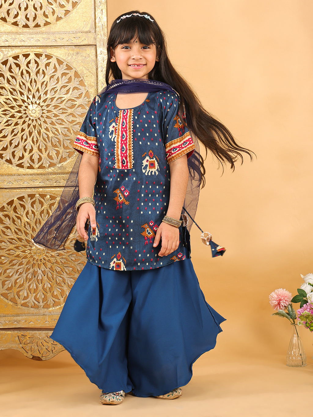 Blue Patola printed 3/4 Skeeves kurti with flair pant and dupatta