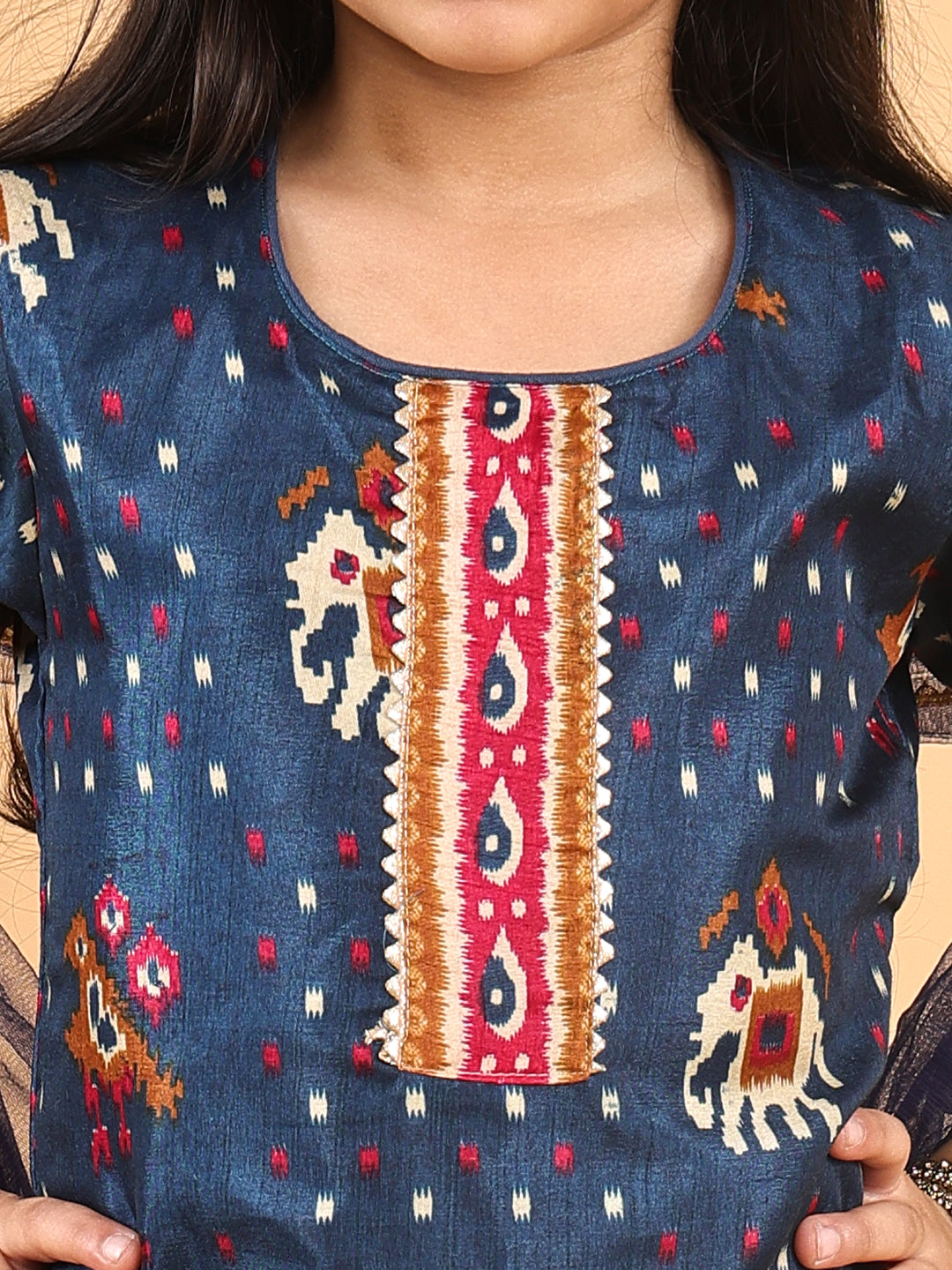 Blue Patola printed 3/4 Skeeves kurti with flair pant and dupatta