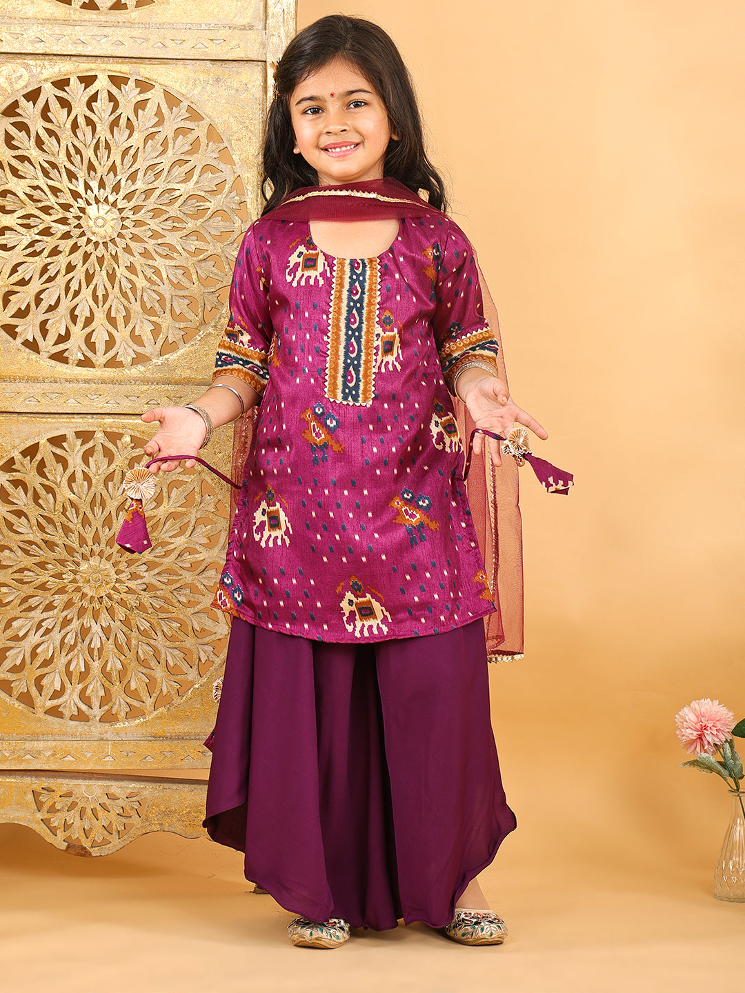 Purple Patola printed 3/4 Skeeves kurti with flair pant and dupatta