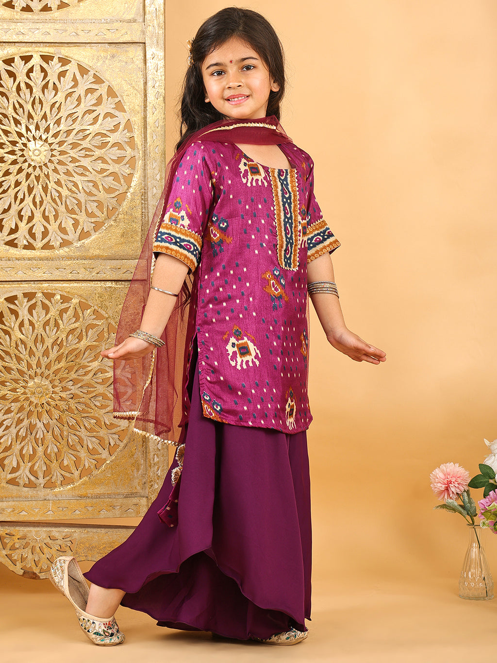 Purple Patola printed 3/4 Skeeves kurti with flair pant and dupatta