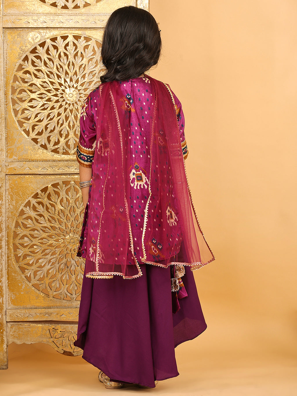 Purple Patola printed 3/4 Skeeves kurti with flair pant and dupatta