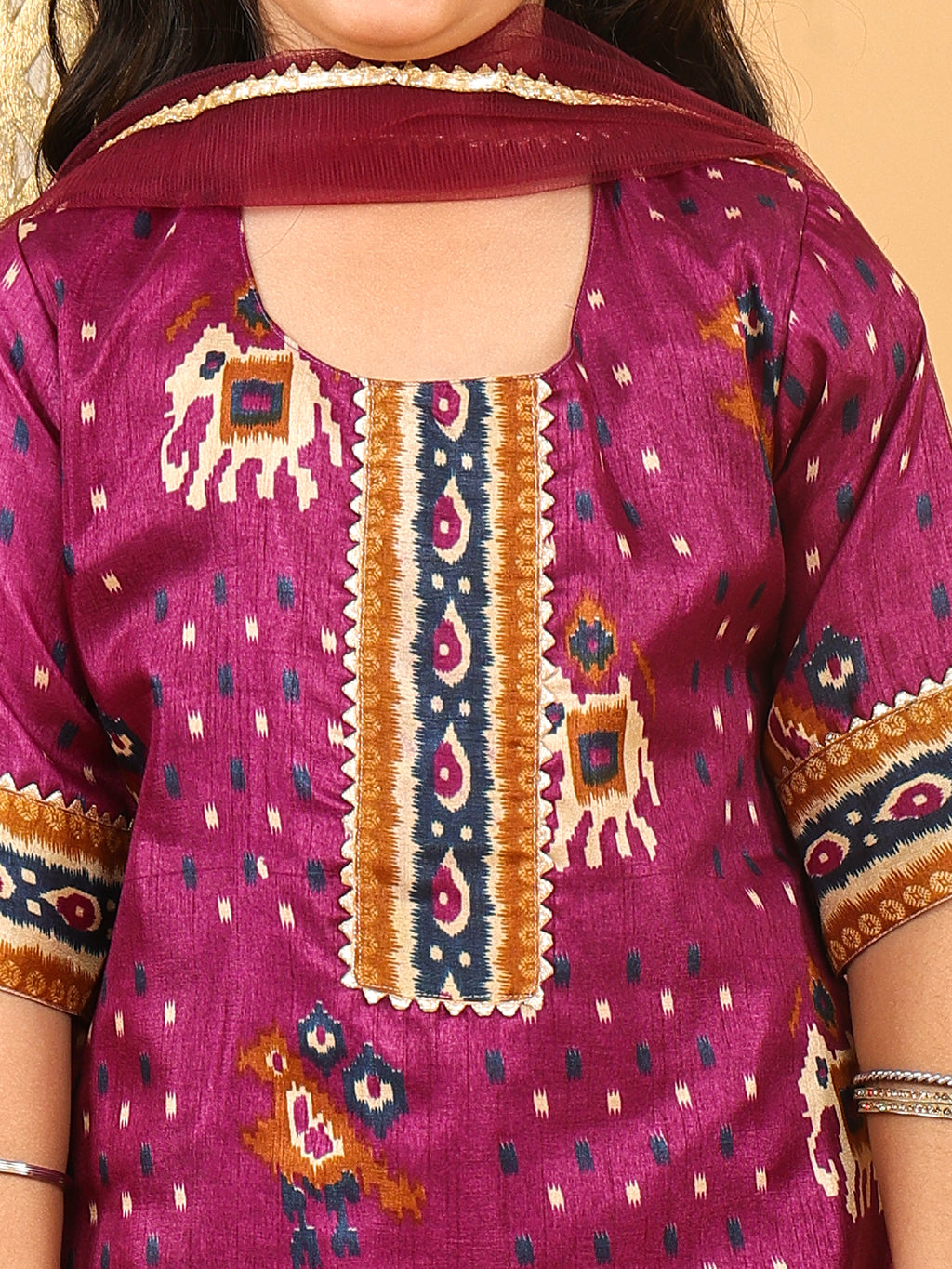 Purple Patola printed 3/4 Skeeves kurti with flair pant and dupatta