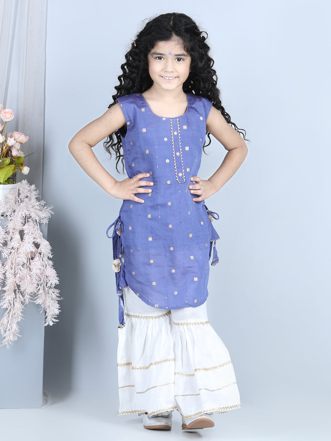 Blue Foil Printed Tassel Ornamentation Detail High Low Style Kurti With Sharara
