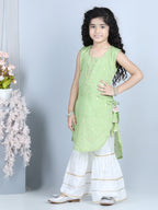 Green Foil Printed Tassel Ornamentation Detail High Low Style Kurti With Sharara