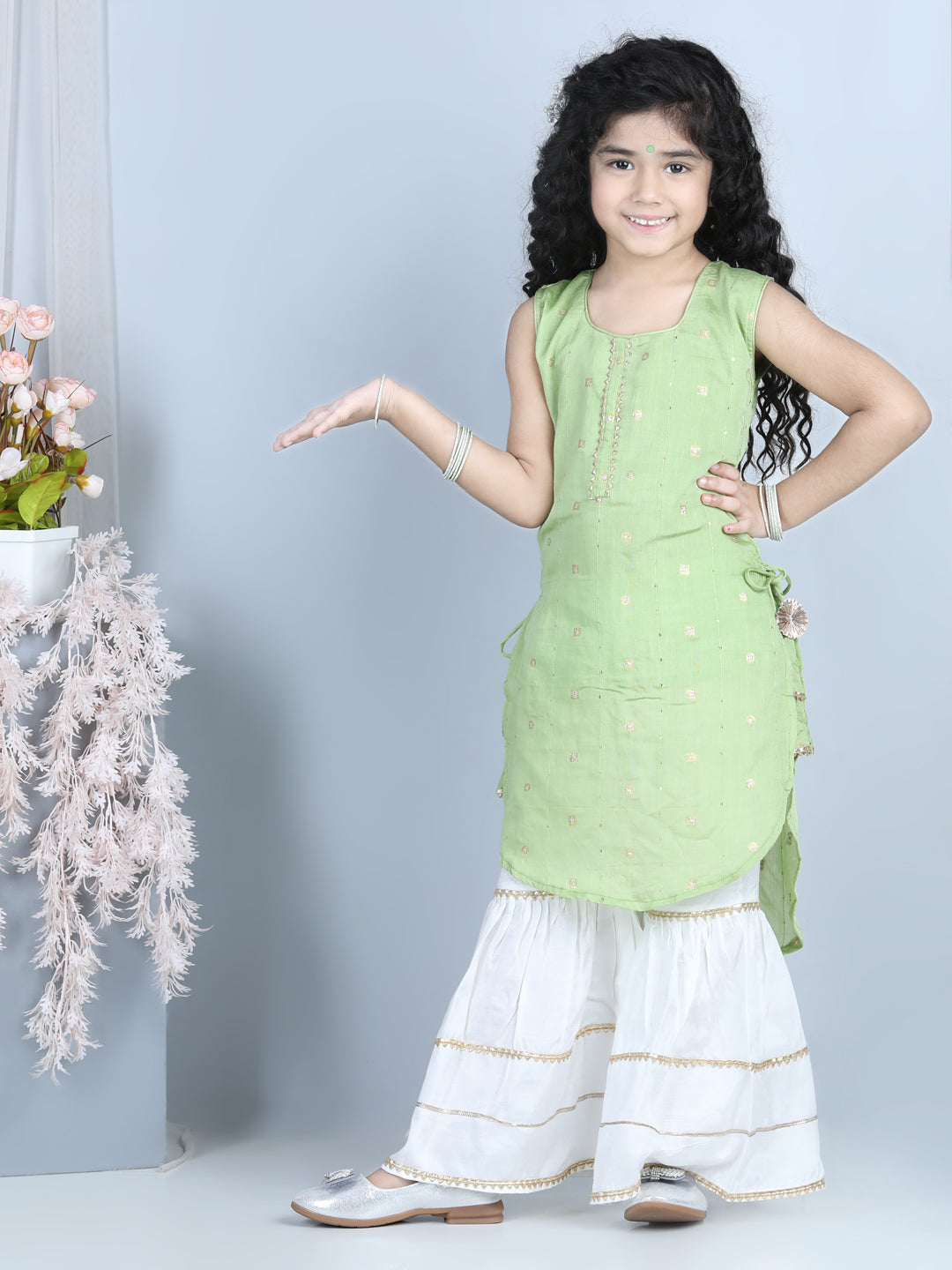 Green Foil Printed Tassel Ornamentation Detail High Low Style Kurti With Sharara