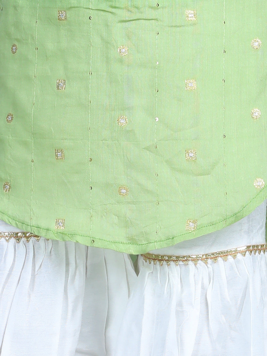 Green Foil Printed Tassel Ornamentation Detail High Low Style Kurti With Sharara