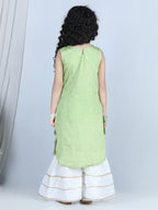 Green Foil Printed Tassel Ornamentation Detail High Low Style Kurti With Sharara