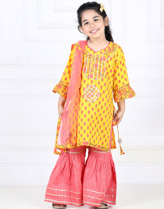 Yellow Floral Printed Lace Work Kurta with Sharara and dupatta