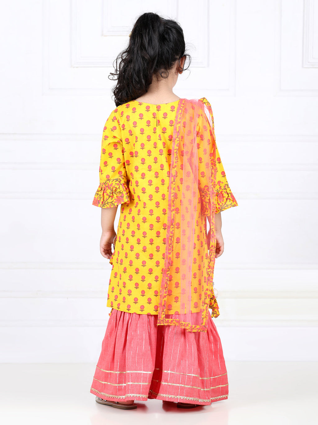 Yellow Floral Printed Lace Work Kurta with Sharara and dupatta